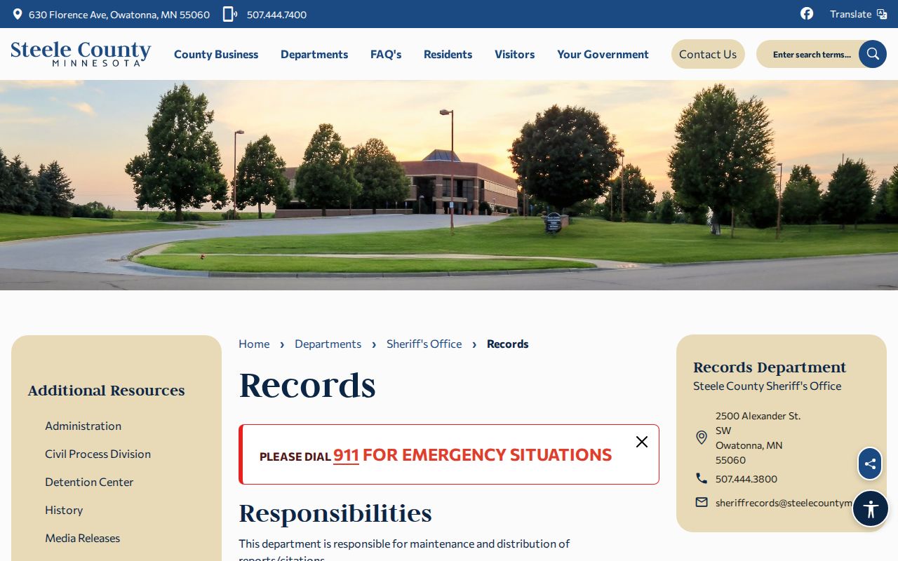 Steele County Sheriff Records page for report and citation copies in a warrant record search
