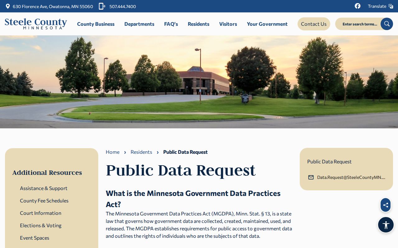 Steele County public data request page for warrant record requests