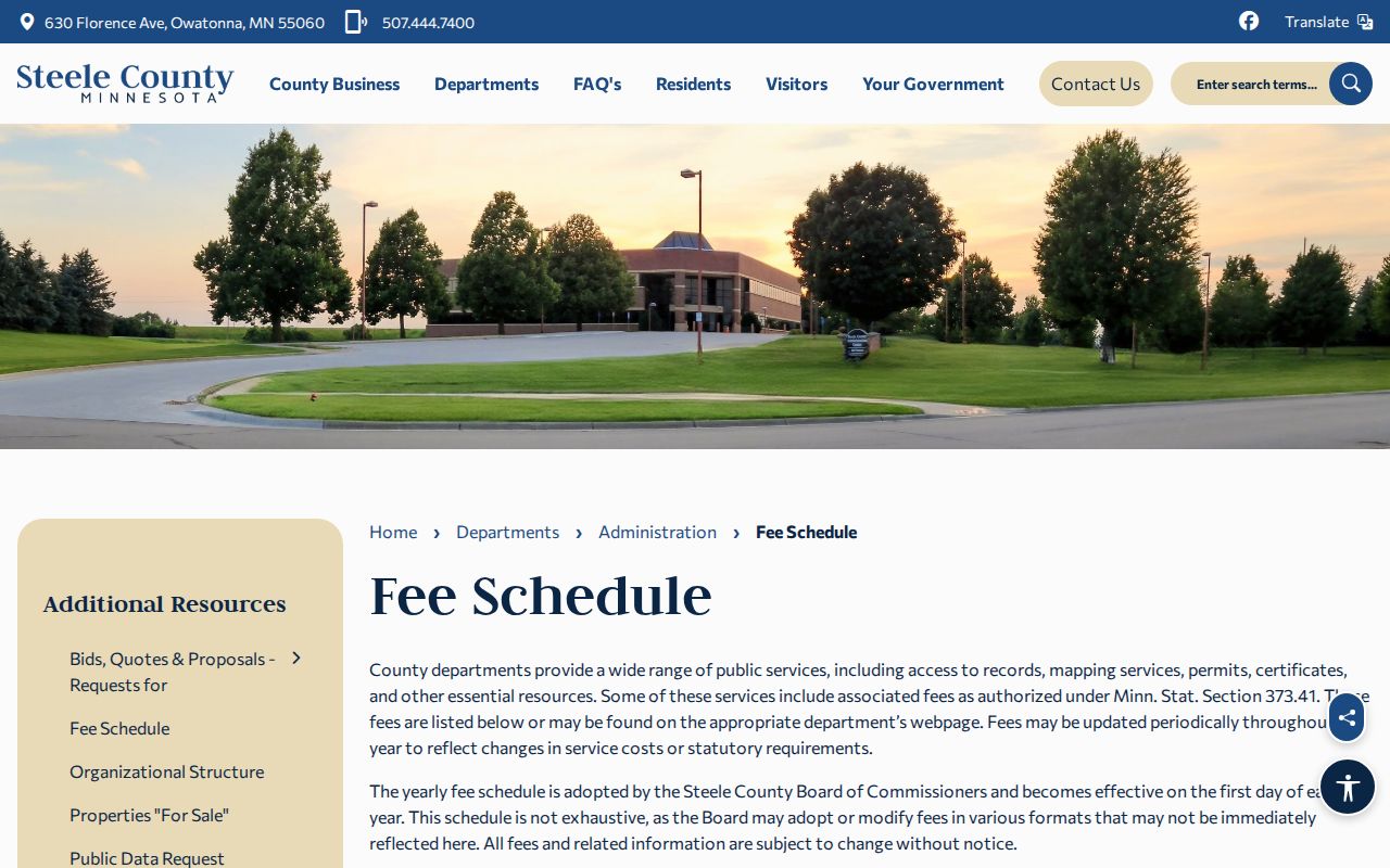 Steele County fee schedule page for warrant record copy charges