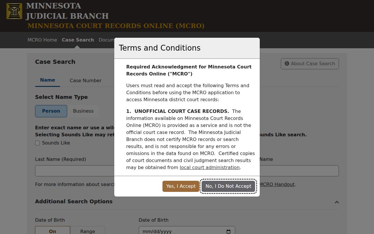Minnesota court case search page used to find Steele County bench warrant records