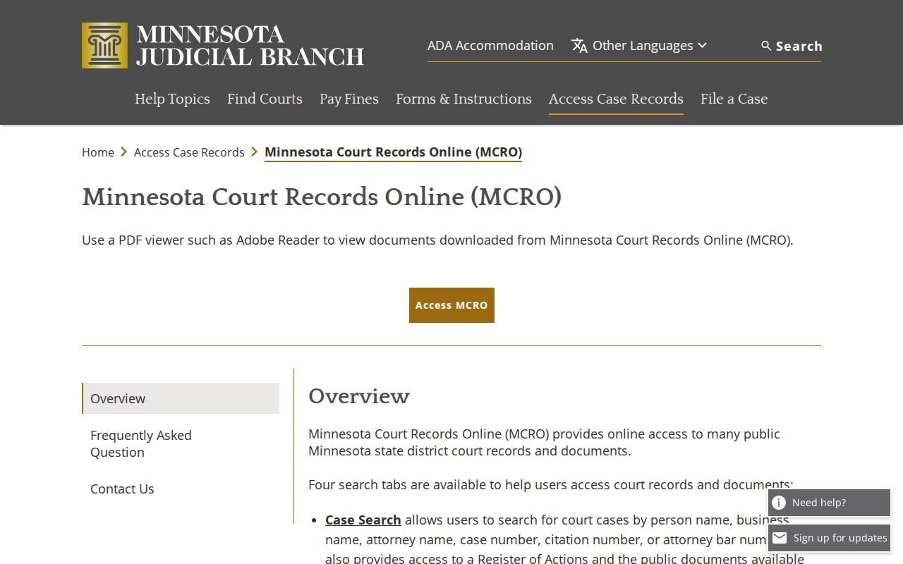 Minnesota Court Records Online overview page with Steele County warrant indicator guidance