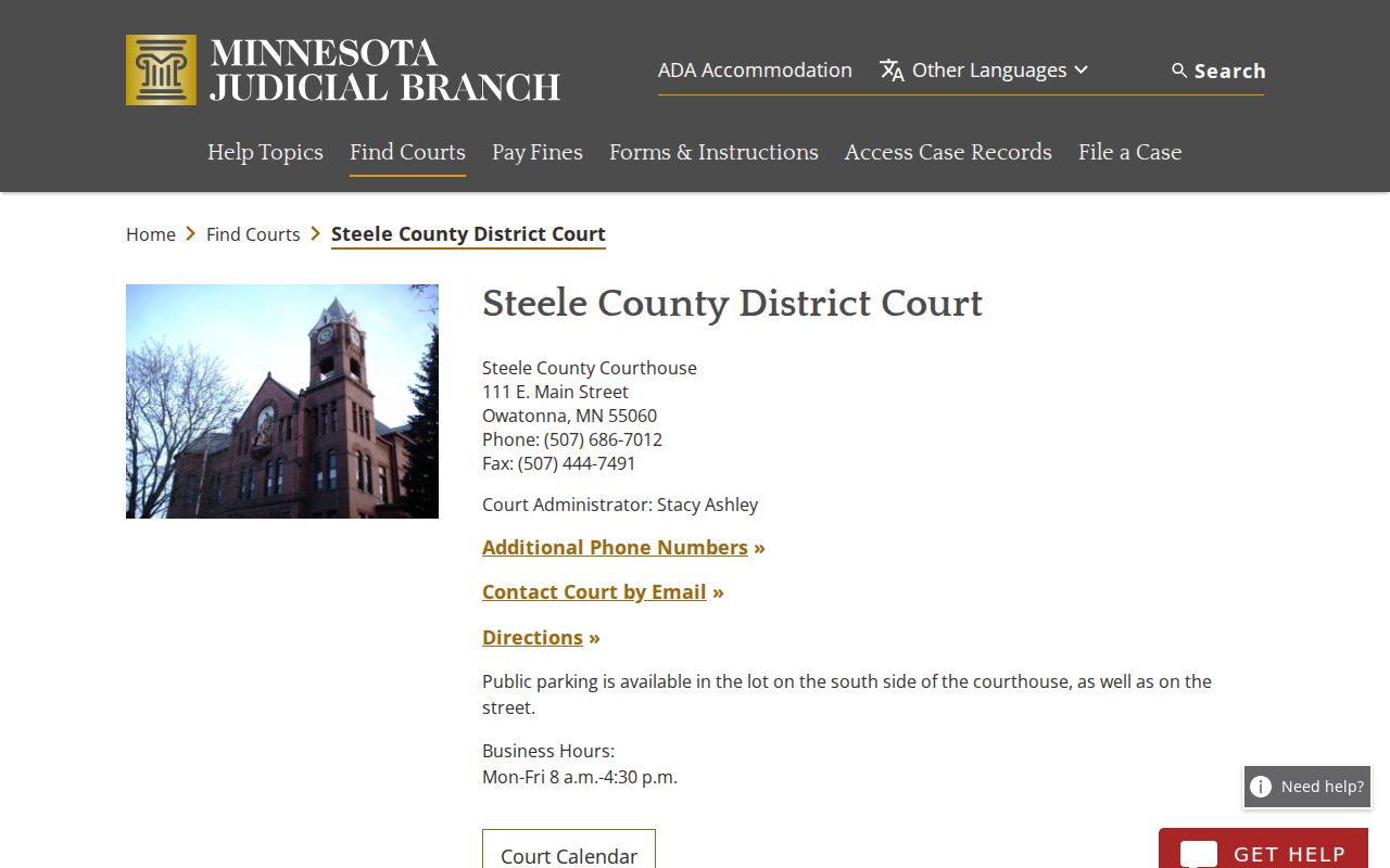 Minnesota Judicial Branch Steele County court page with municipal warrant routing