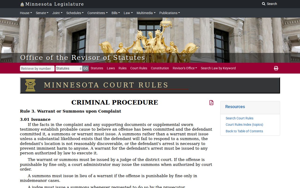 Minnesota Rule 3 court rule page on arrest warrant issuance for Steele County