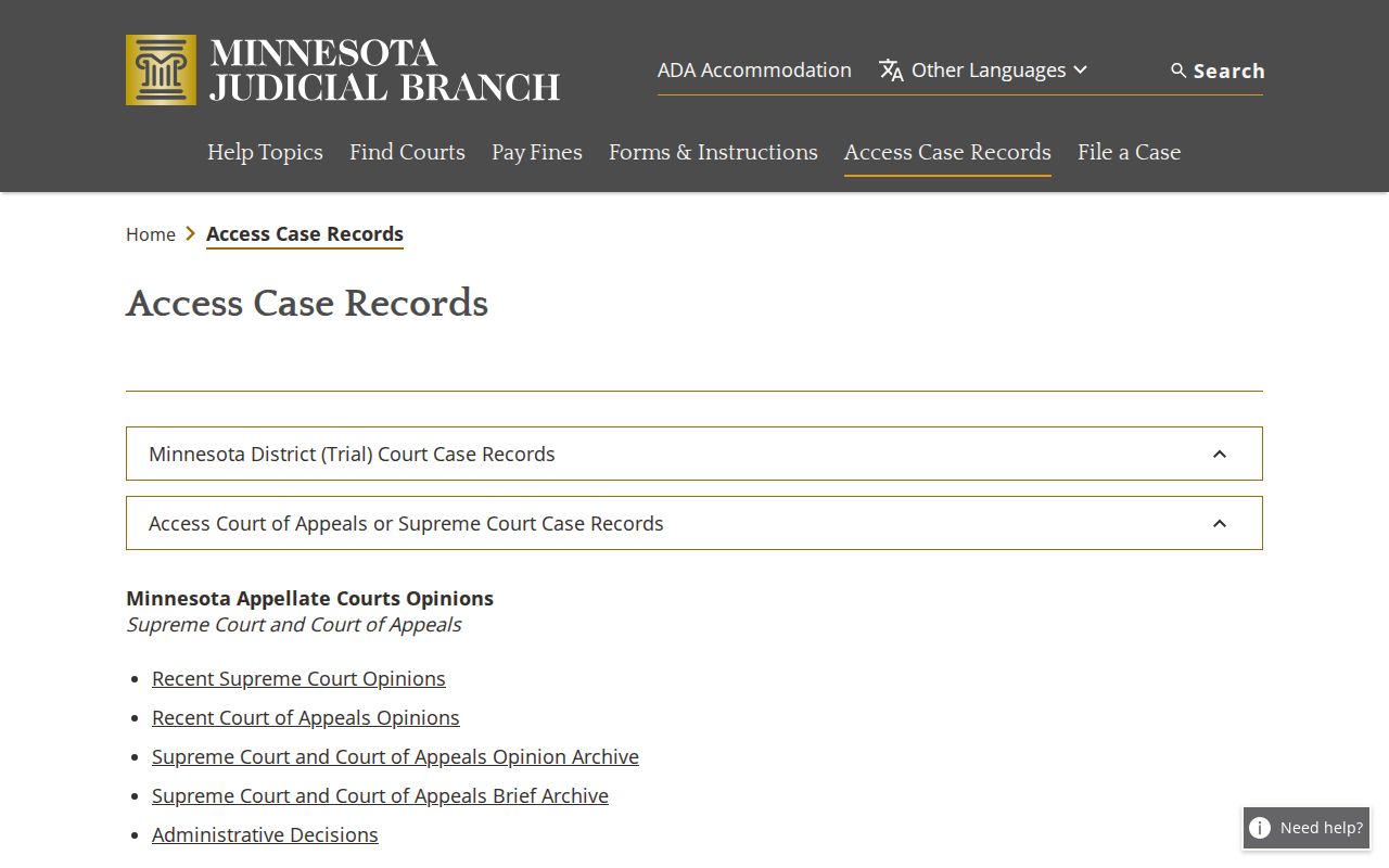 Minnesota court records access page used to check a Steele County city warrant case