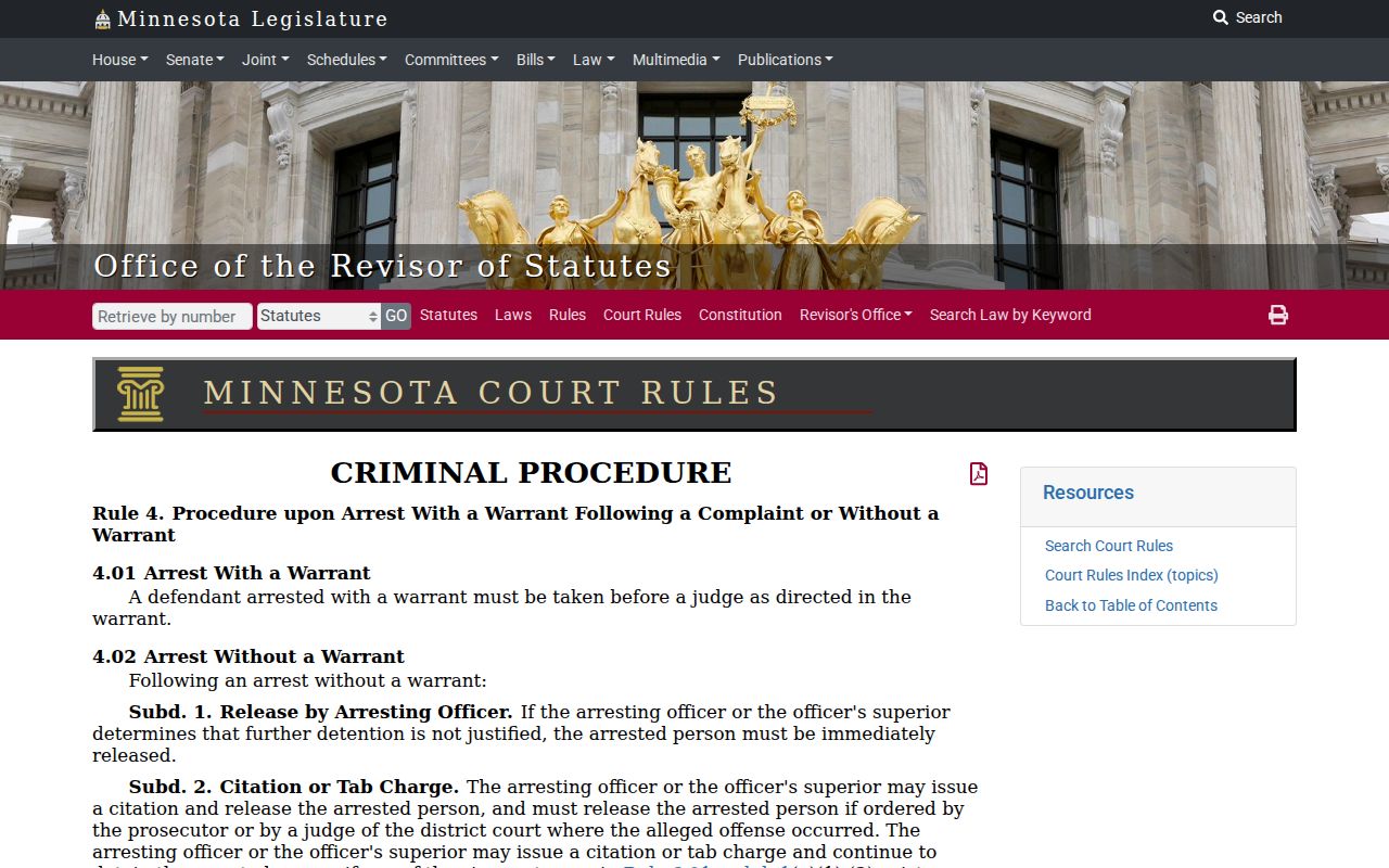Minnesota Rule 4 court rule page on appearance after a Steele County arrest warrant