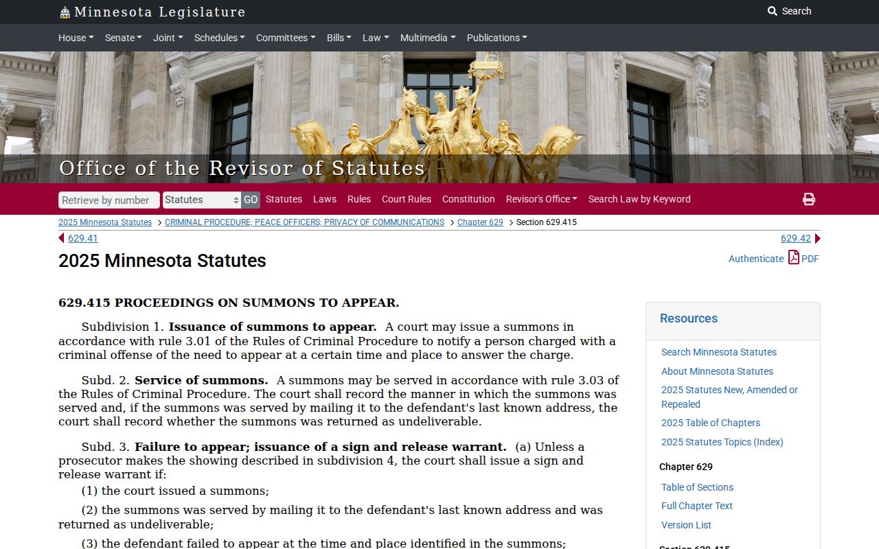 Minnesota sign-and-release warrant statute page for Steele County bench warrant cases