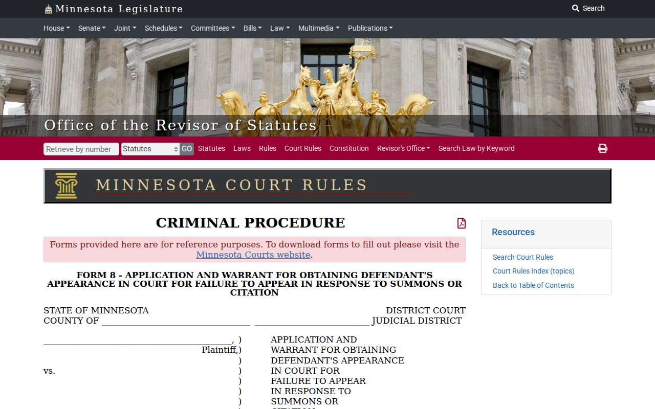 Minnesota Form 8 failure-to-appear warrant form used in Steele County bench warrant cases