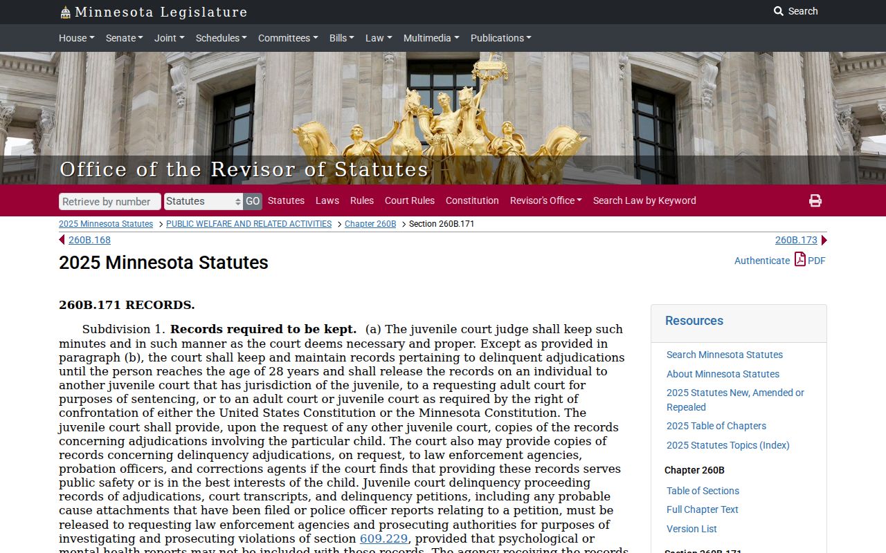 Minnesota juvenile records statute page relevant to Steele County warrant access