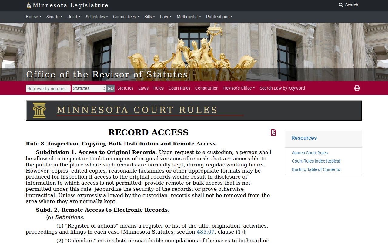 Minnesota public access rule page for restricted Steele County warrant records