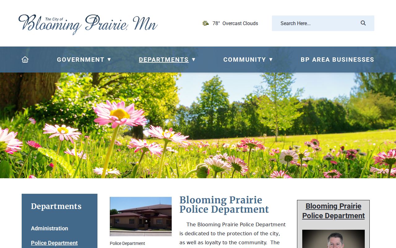 Blooming Prairie Police Department page with city contacts for warrant record questions