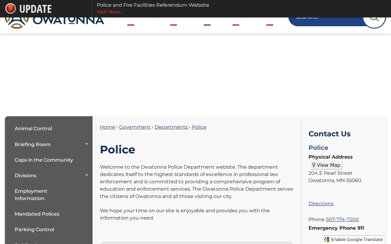 Owatonna Police Department page with city contacts for warrant record questions