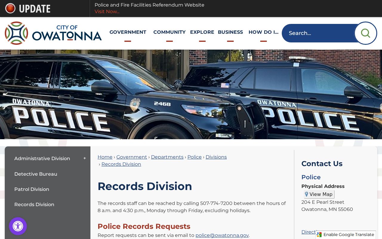 Owatonna Police records division page for warrant record requests