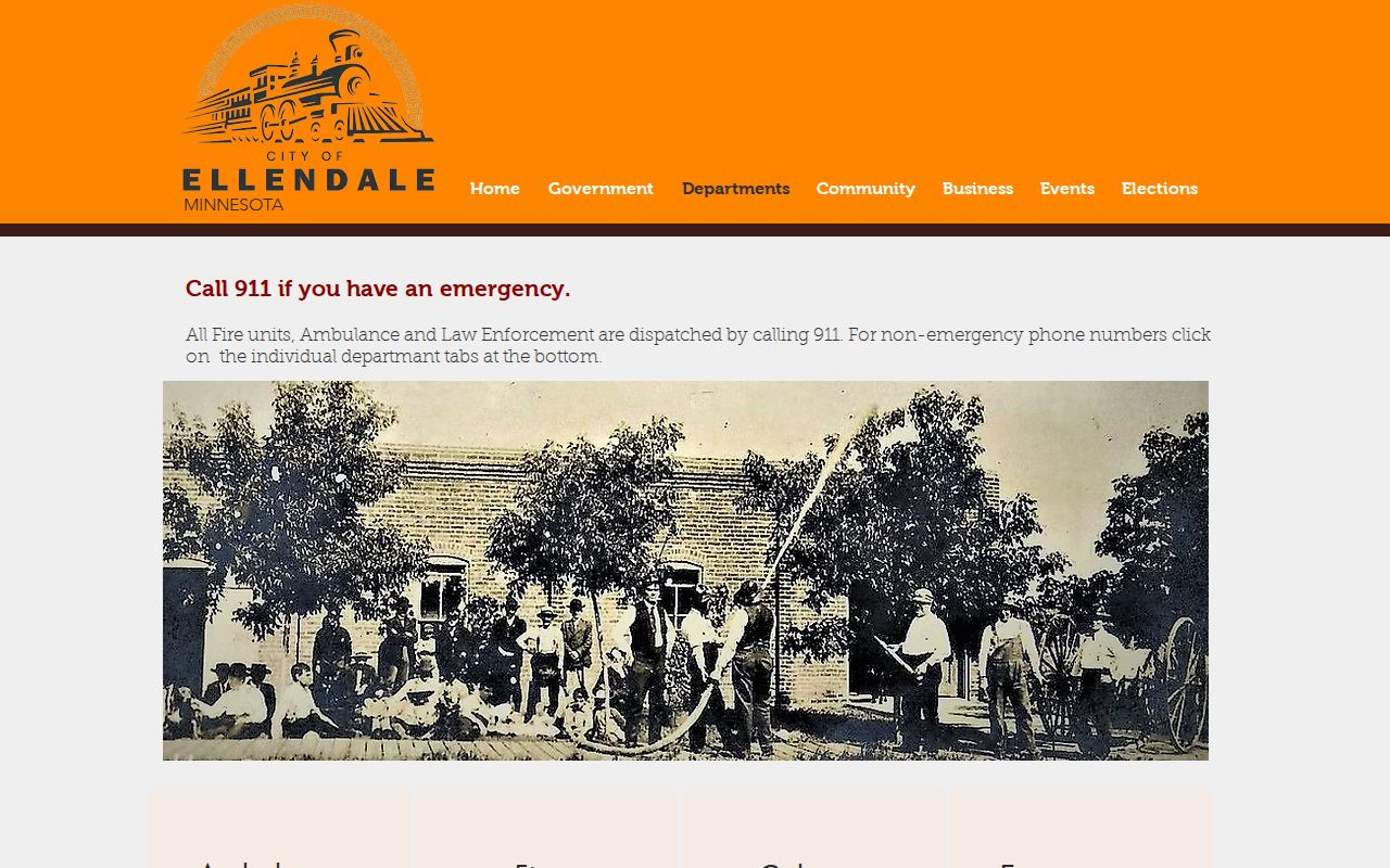 Ellendale public safety page describing contracted police protection through the Steele County Sheriff for warrant records routing