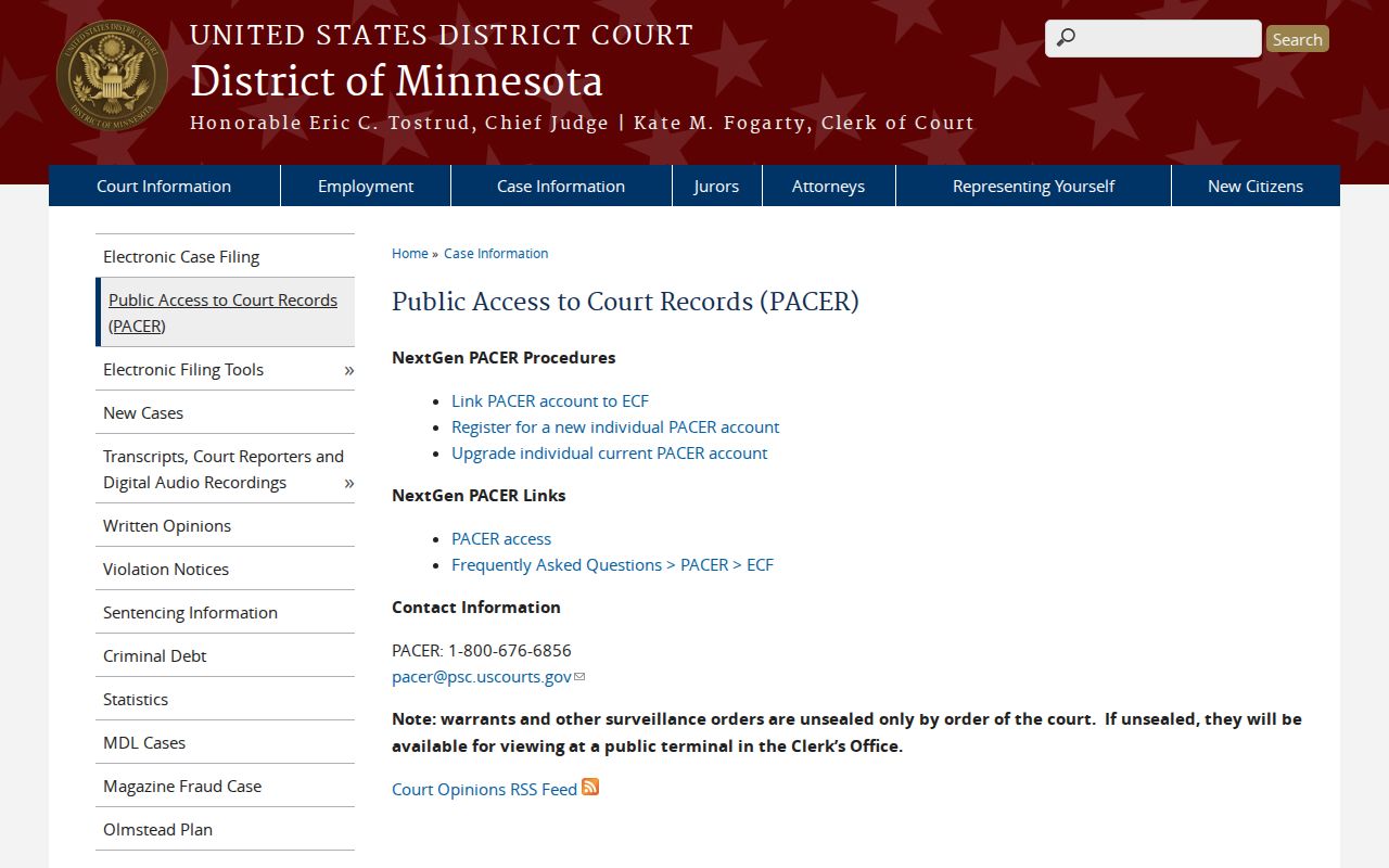 Federal district court records page for warrants in the District of Minnesota