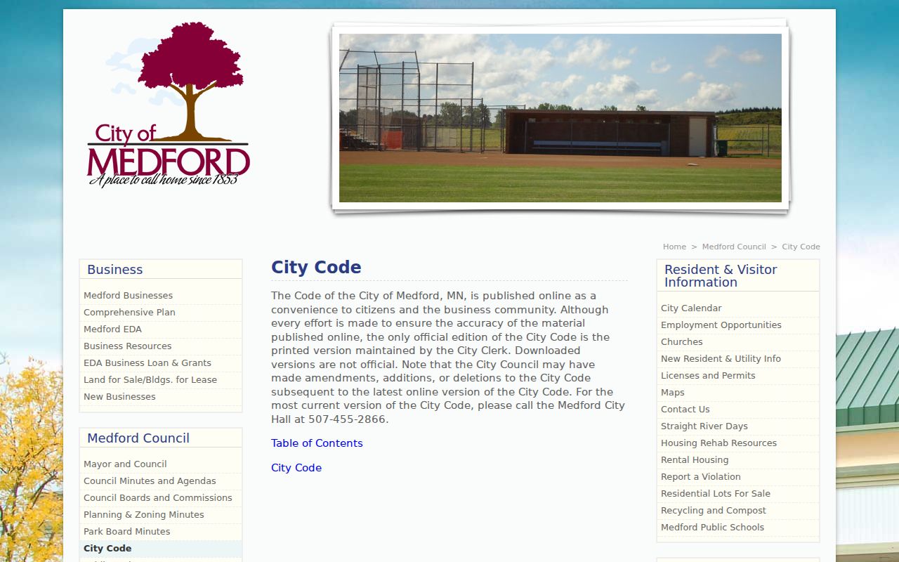 Medford city code page used to explain the difference between city ordinances and Steele County warrant records