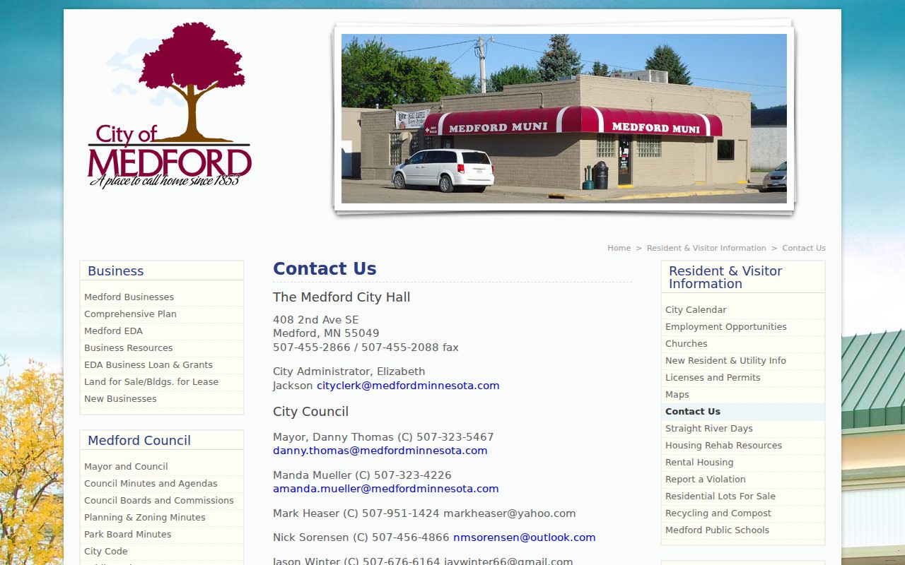 Medford city administration contact page showing the office schedule that needs verification before a warrant records visit