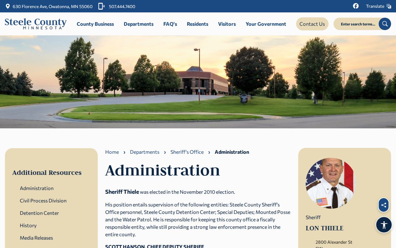 Steele County Sheriff administration page used for warrant records questions