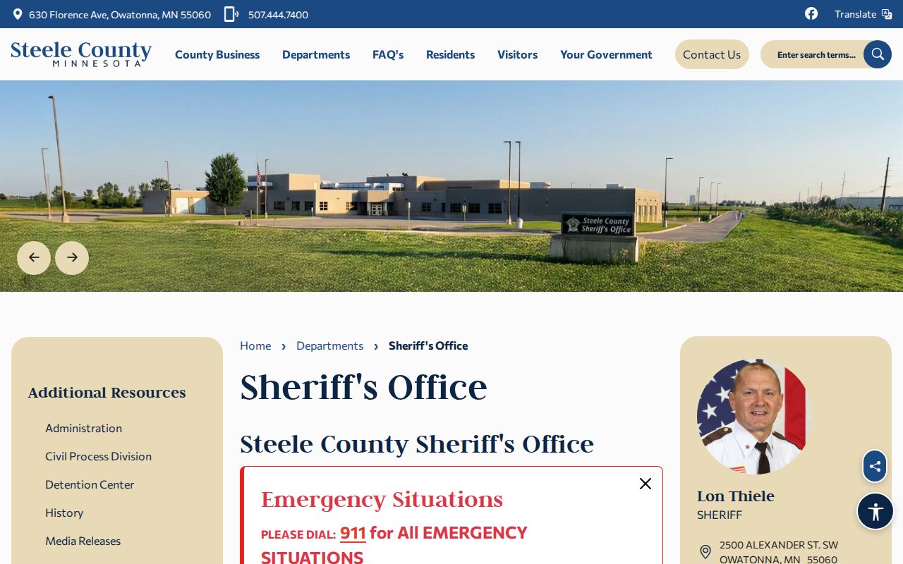 Steele County Sheriff page with official warrant records phone numbers