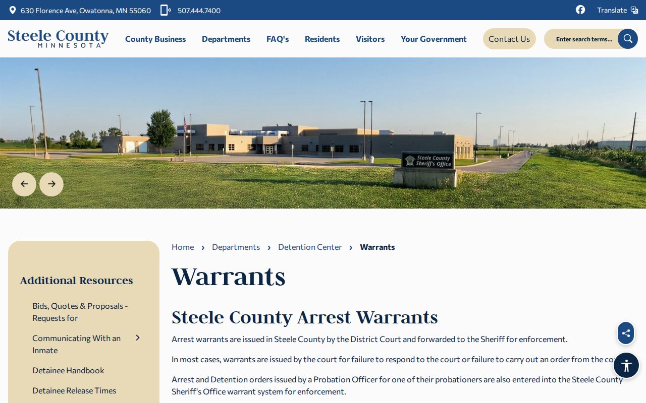 Steele County arrest warrants page used for a warrant search